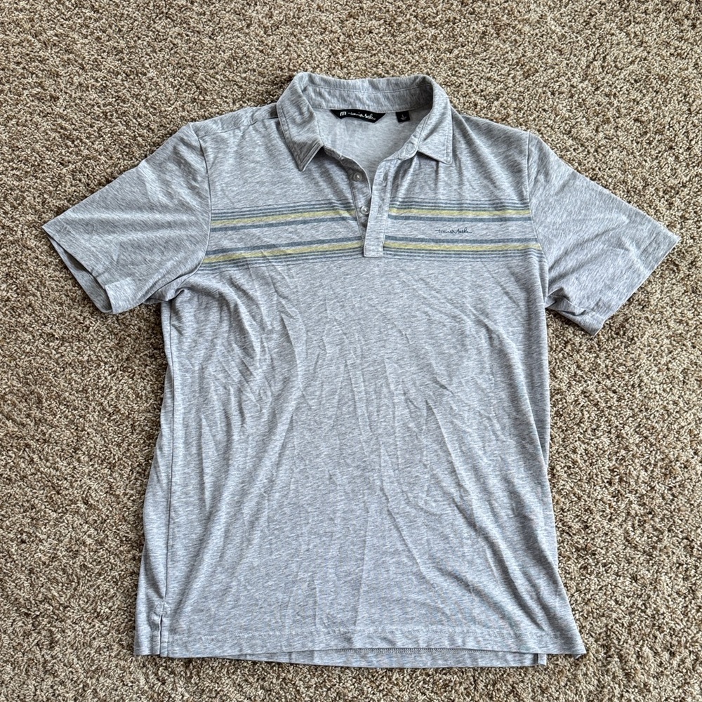 Travis Mathew Light Gray Golf Polo with Blue and Yellow Stripes